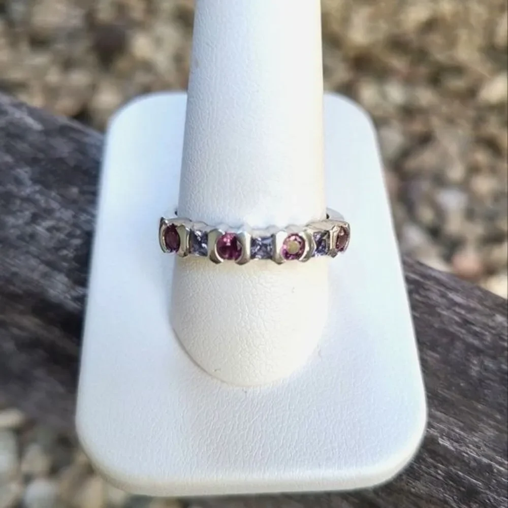 VTG 925 Sterling Silver Alternating Pink and Blue Gemstone Band Ring, Size 9.25
